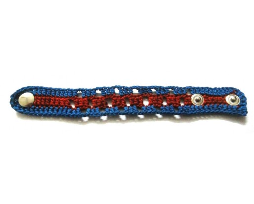 Crochet Knitted Bracelet Wristlet Band - Handmade - Blue & Red - Style Statement