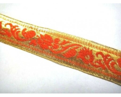 1 inch Wide - Traditional Zari Floral Orange Trim / Lace / Border - 1 Yard Long