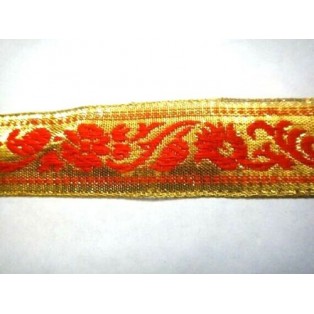 1 inch Wide - Traditional Zari Floral Orange Trim / Lace / Border - 1 Yard Long