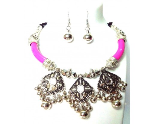 Set of Silver Oxidized Necklace Earrings Jhumka Jhumki Choker Jewelry Tribal Boho Chic A9