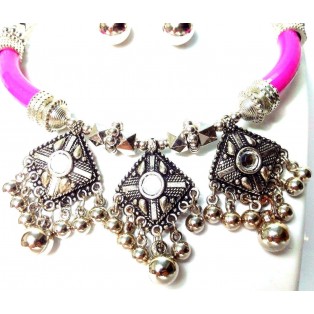 Set of Silver Oxidized Necklace Earrings Jhumka Jhumki Choker Jewelry Tribal Boho Chic A9