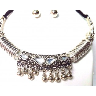 Set of Silver Oxidized Necklace Mala Earrings Jhumka Jhumki Bali Bib Choker Jewelry Tribal Boho Chic A15