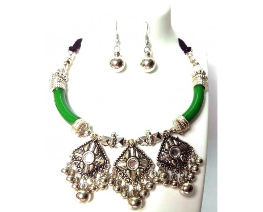 Set of Silver Oxidized Necklace Earrings Jhumka Jhumki Choker Jewelry Tribal Boho Chic A7