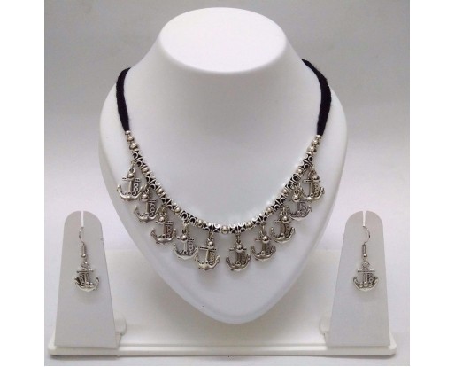 Set of Silver Oxidized Fringe Necklace Mala Earrings Jhumka Jhumki Bali Choker Jewelry Tribal Boho Chic B5