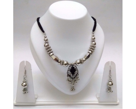 Set of Silver Oxidized Necklace Mala Earrings Jhumka Jhumki Bali Choker Jewelry Tribal Boho Chic B7