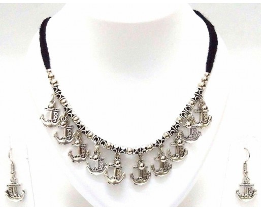 Set Thread Fringe Necklace Earring Jhumki Silver Oxidized Jewelry Tribal Boho B5