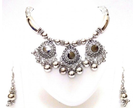 Set Necklace Earring Silver Oxidized Jewelry Bib Choker Ethnic Tribal Boho B6