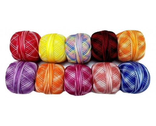 SHADED MULTI COLOR - LOT SET of 10 - 100% Cotton Mercer Yarn Thread - Crochet Lace Knitting Embroidery (10 Balls - 200 Grams)
